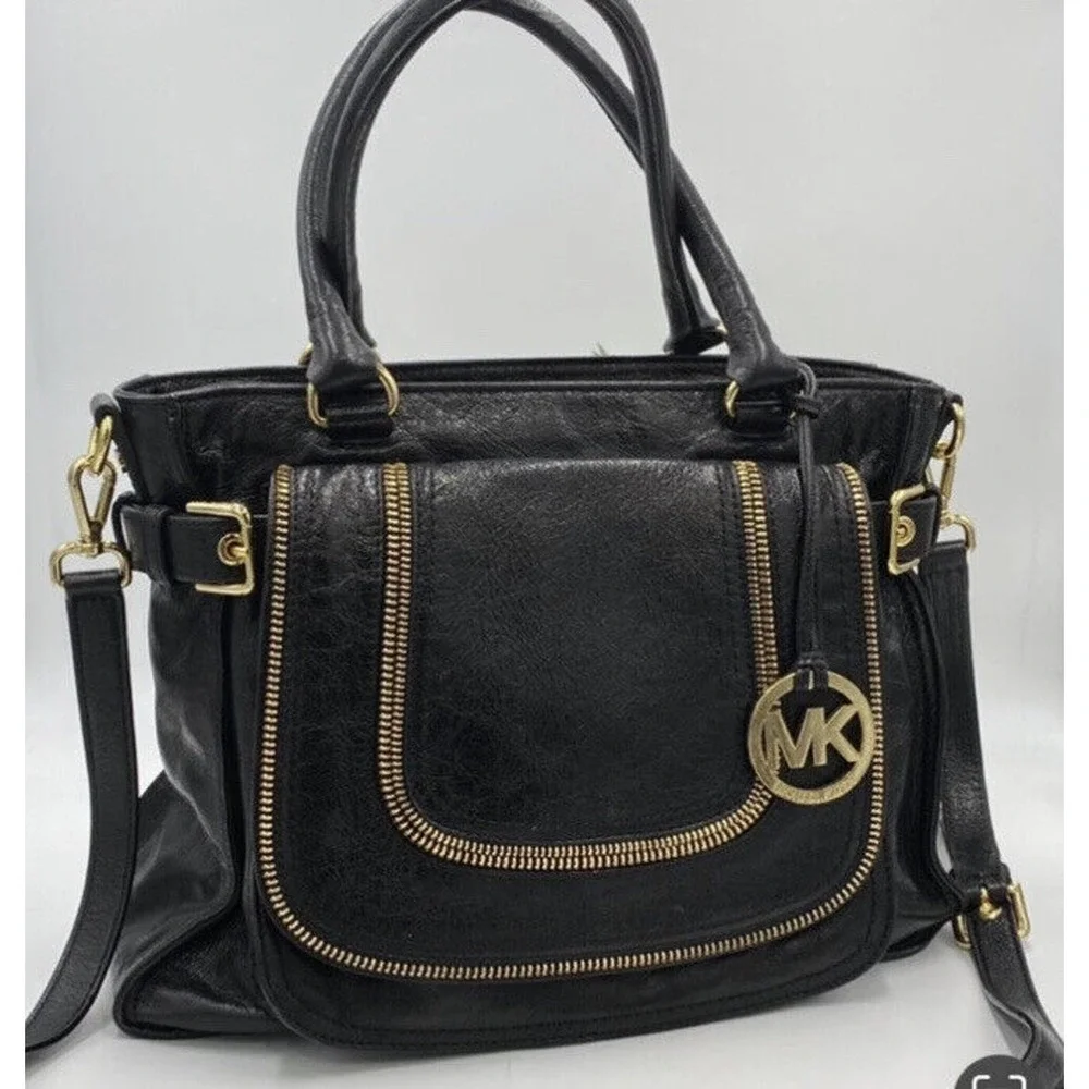 MICHAEL KORS Naomi Large Satchel Black Luxury Leather Zippers Handbag Purse‎ Bag